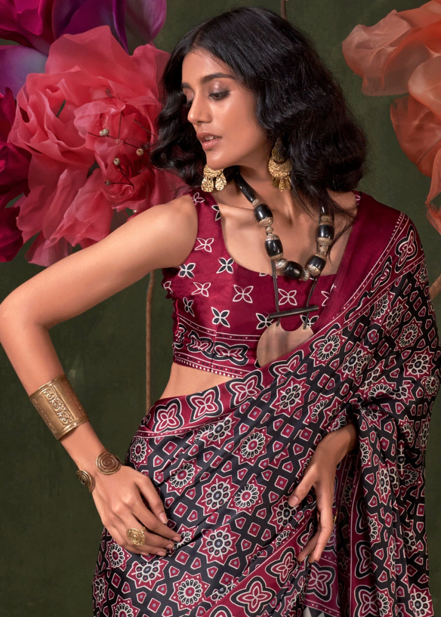 Dual Tones Of Black & Red Satin Crepe Saree Featuring Rich Ajrakh Prints - House of Sarvati LLC