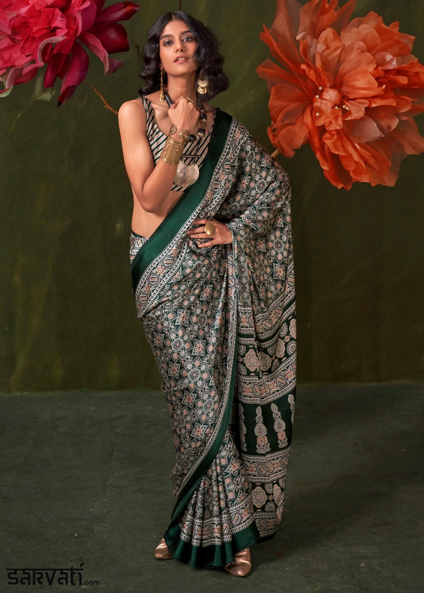 Dual Tones Of Green Satin Crepe Saree Featuring Rich Ajrakh Prints - House of Sarvati LLC