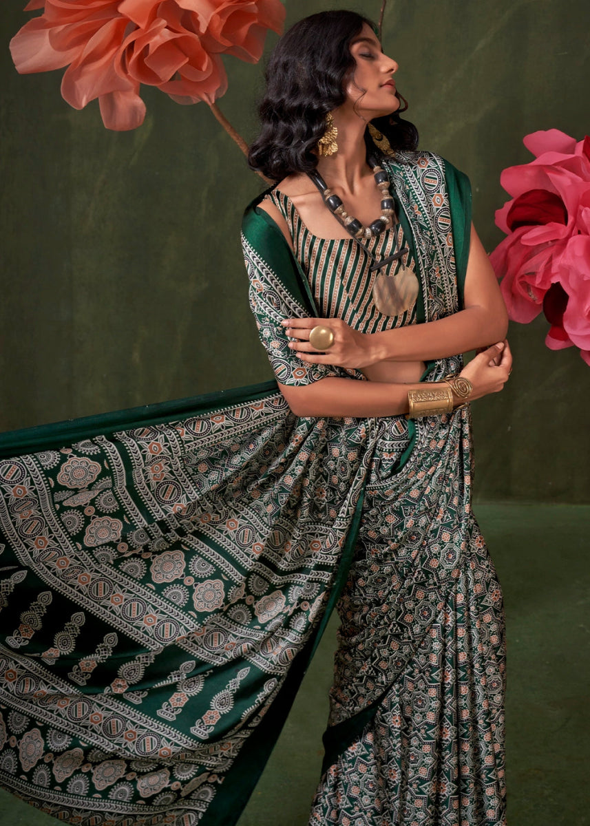 Dual Tones Of Green Satin Crepe Saree Featuring Rich Ajrakh Prints - House of Sarvati LLC