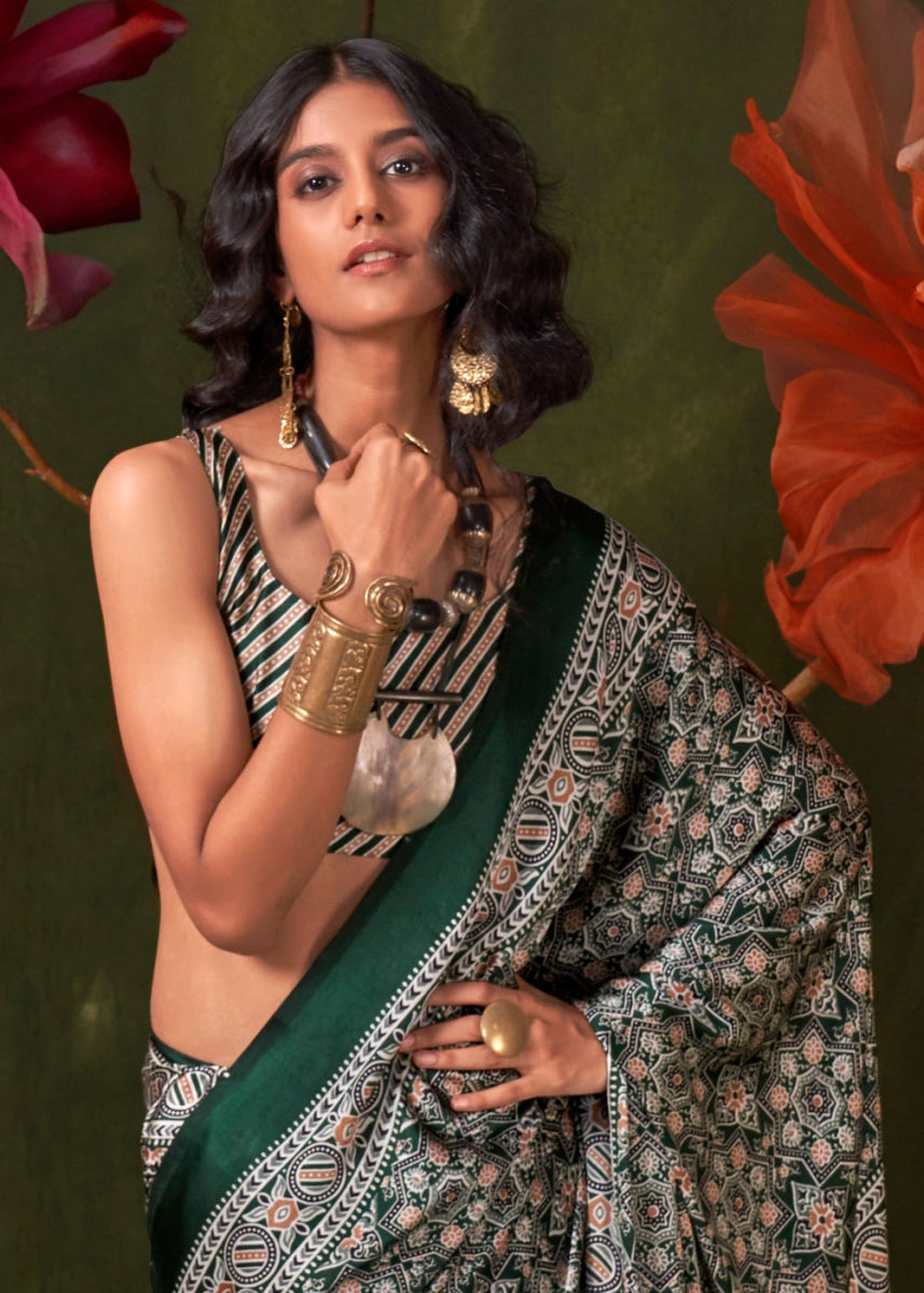 Dual Tones Of Green Satin Crepe Saree Featuring Rich Ajrakh Prints - House of Sarvati LLC