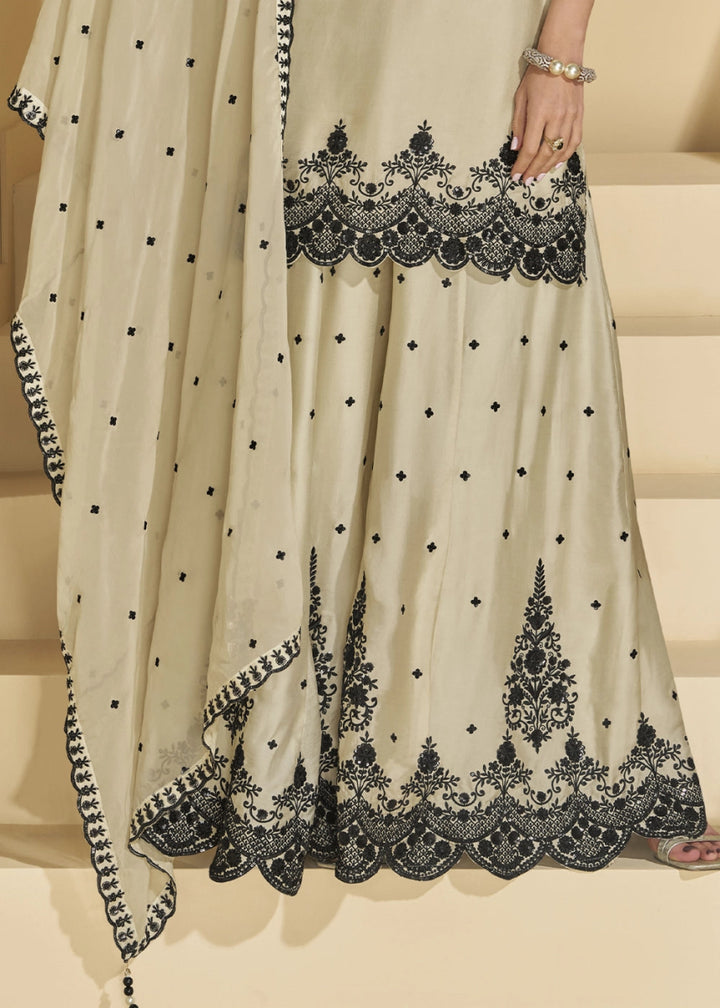 Dull Cream White Chinon Silk Palazzo Set Featuring Fine Embroidery And Flowing Silhouette - House of Sarvati LLC