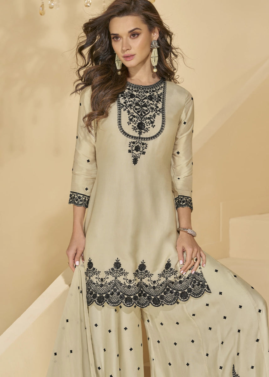 Dull Cream White Chinon Silk Palazzo Set Featuring Fine Embroidery And Flowing Silhouette - House of Sarvati LLC