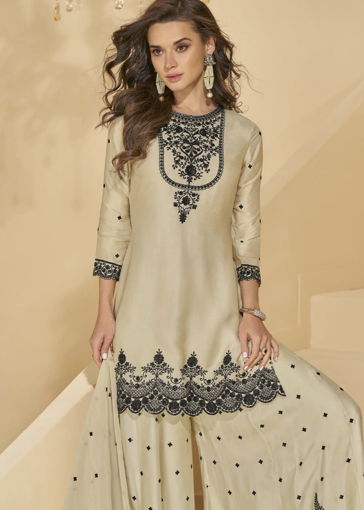 Dull Cream White Chinon Silk Palazzo Set Featuring Fine Embroidery And Flowing Silhouette - House of Sarvati LLC