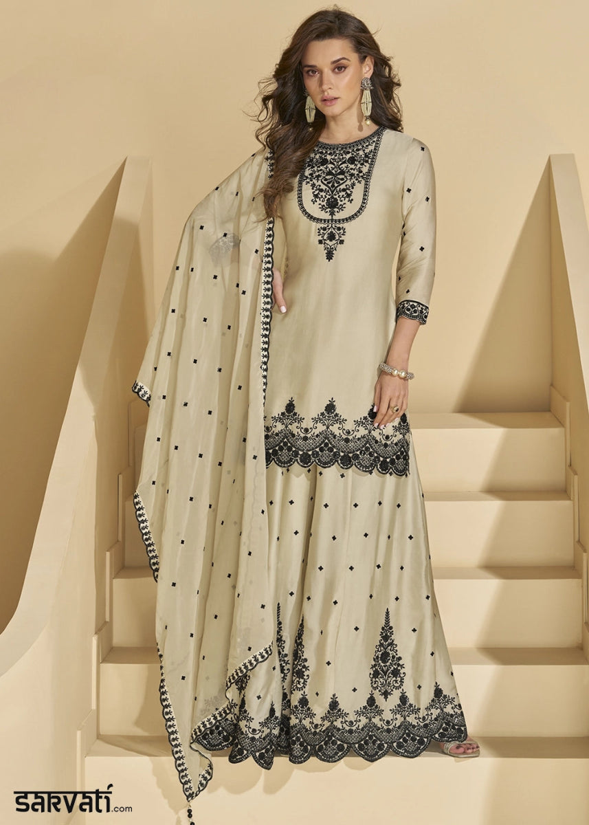 Dull Cream White Chinon Silk Palazzo Set Featuring Fine Embroidery And Flowing Silhouette - House of Sarvati LLC