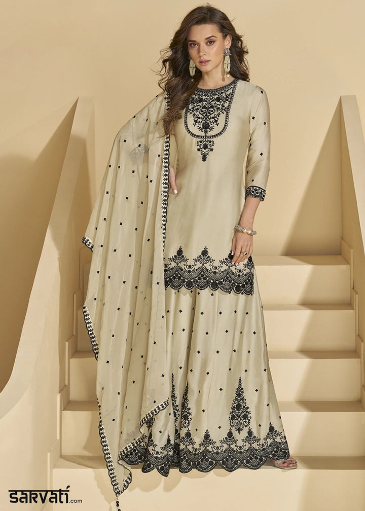 Dull Cream White Chinon Silk Palazzo Set Featuring Fine Embroidery And Flowing Silhouette - House of Sarvati LLC