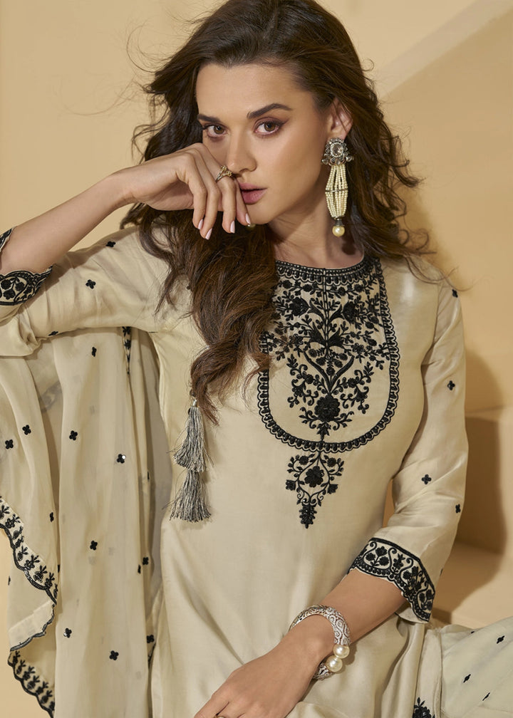 Dull Cream White Chinon Silk Palazzo Set Featuring Fine Embroidery And Flowing Silhouette - House of Sarvati LLC