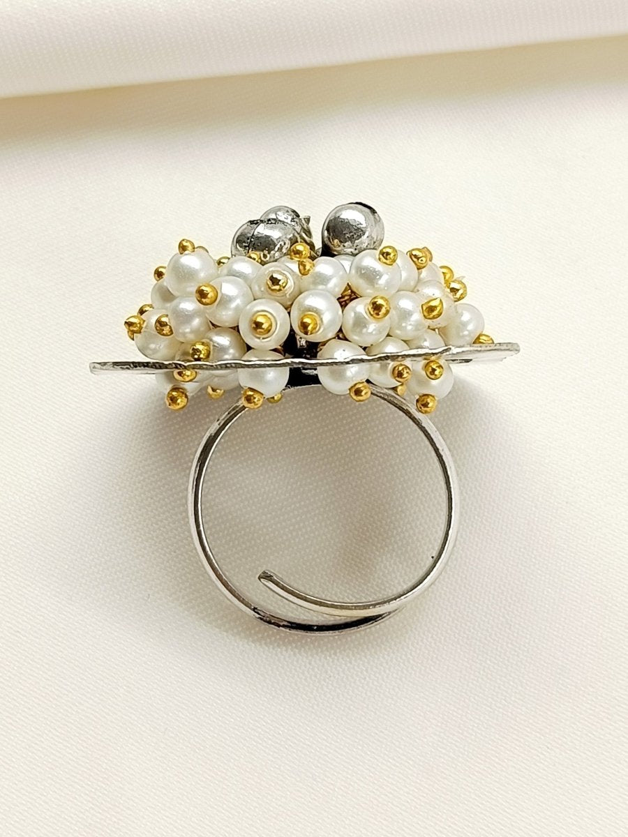 Edha White Pearl Oxidized Finger Ring - House of Sarvati LLC