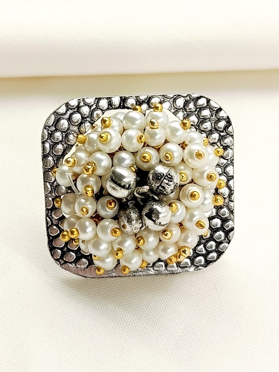 Edha White Pearl Oxidized Finger Ring - House of Sarvati LLC