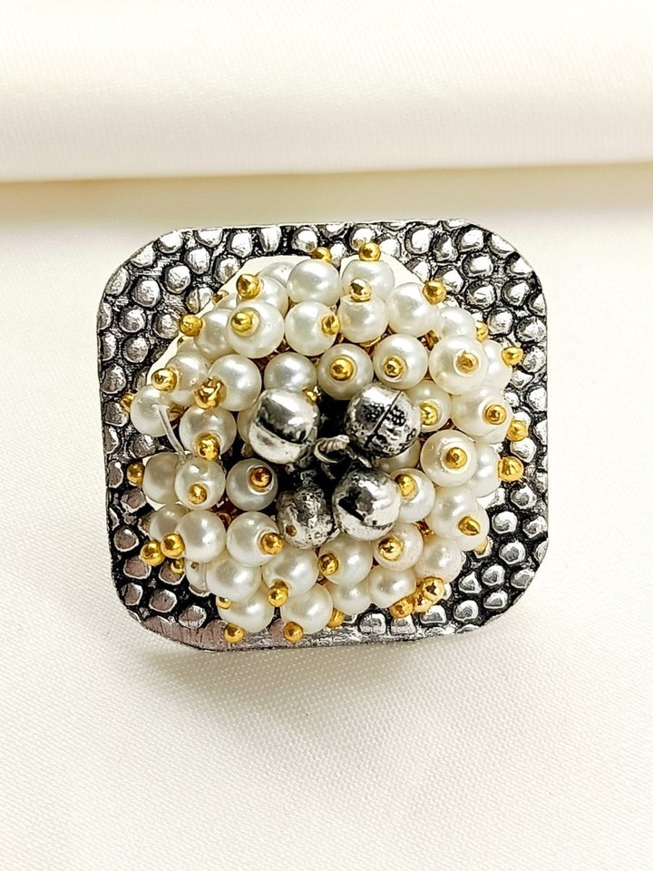 Edha White Pearl Oxidized Finger Ring - House of Sarvati LLC