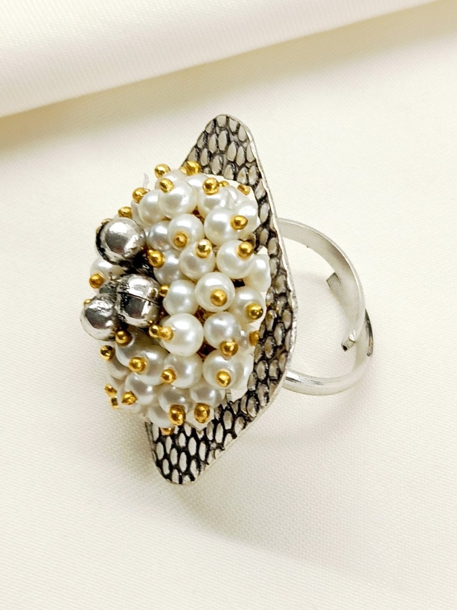 Edha White Pearl Oxidized Finger Ring - House of Sarvati LLC