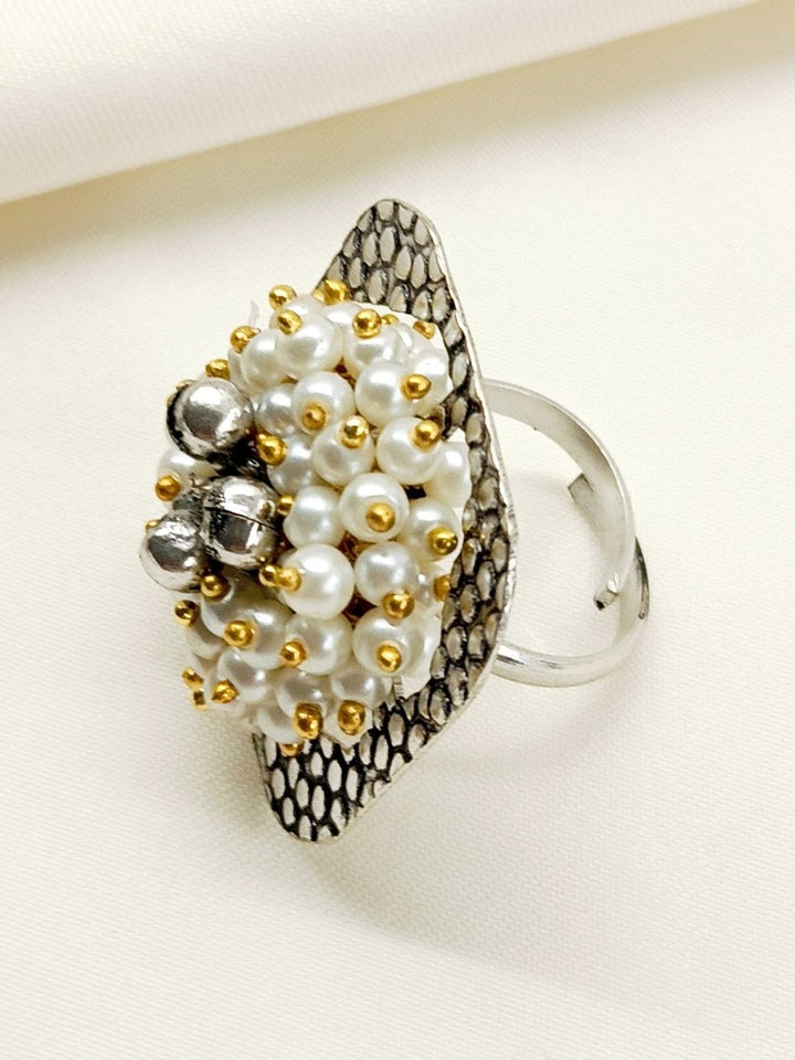 Edha White Pearl Oxidized Finger Ring - House of Sarvati LLC