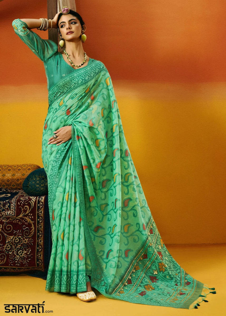 Eel Green Handwoven Spun Cotton Saree with Floral Prints - House of Sarvati LLC