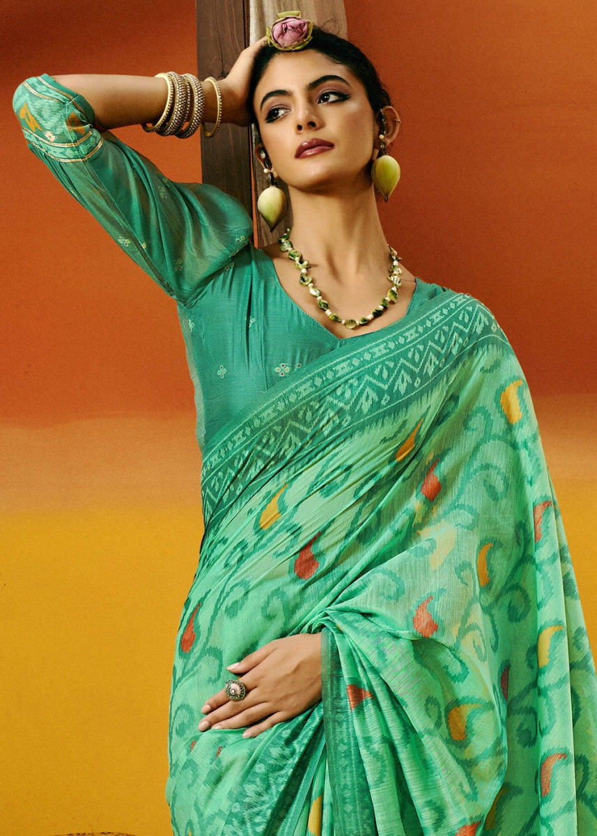 Eel Green Handwoven Spun Cotton Saree with Floral Prints - House of Sarvati LLC