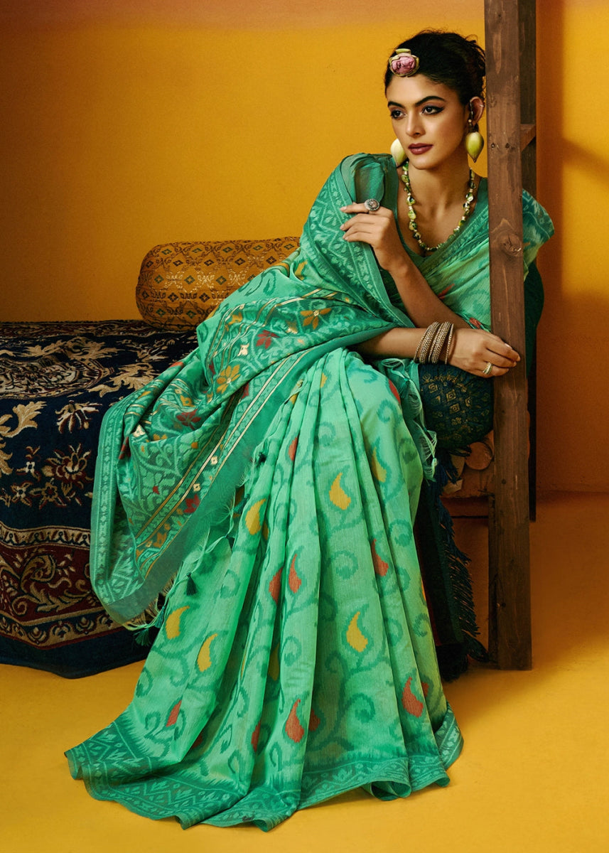 Eel Green Handwoven Spun Cotton Saree with Floral Prints - House of Sarvati LLC