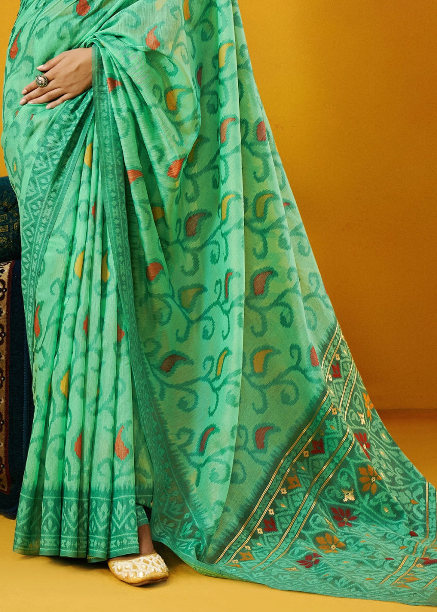 Eel Green Handwoven Spun Cotton Saree with Floral Prints - House of Sarvati LLC