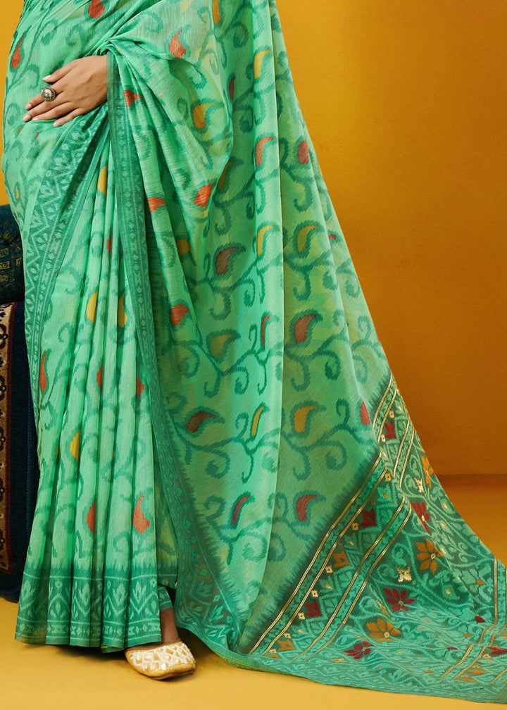 Eel Green Handwoven Spun Cotton Saree with Floral Prints - House of Sarvati LLC