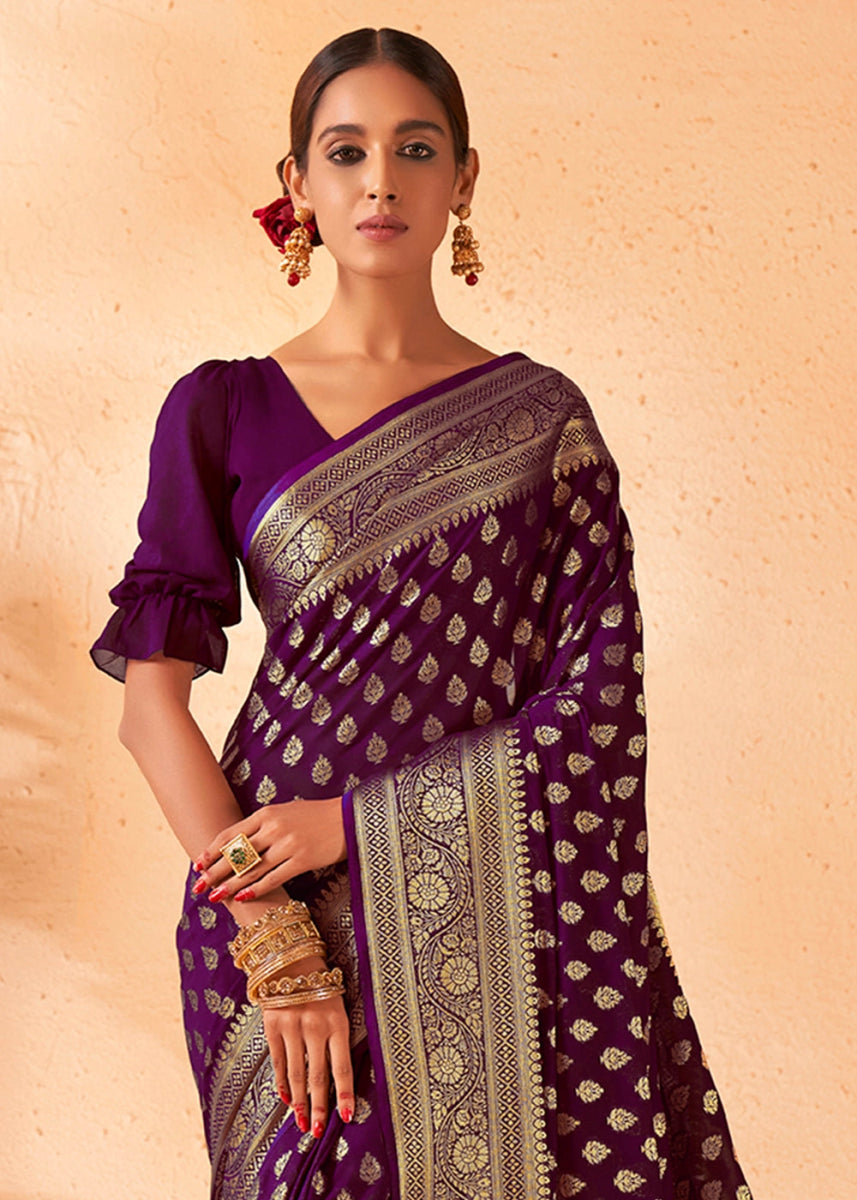 Eggplant Purple Banarasi - Style Saree in Georgette Silk with Zari Embellishments - House of Sarvati LLC