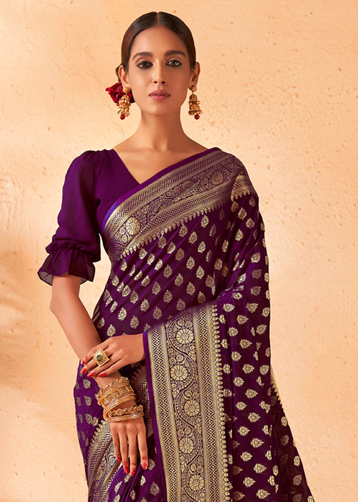 Eggplant Purple Banarasi - Style Saree in Georgette Silk with Zari Embellishments - House of Sarvati LLC