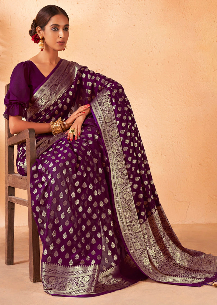 Eggplant Purple Banarasi - Style Saree in Georgette Silk with Zari Embellishments - House of Sarvati LLC