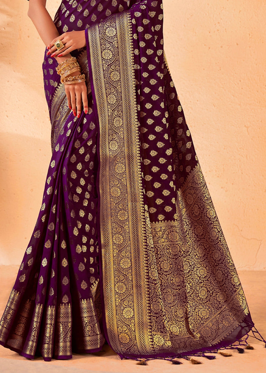 Eggplant Purple Banarasi - Style Saree in Georgette Silk with Zari Embellishments - House of Sarvati LLC