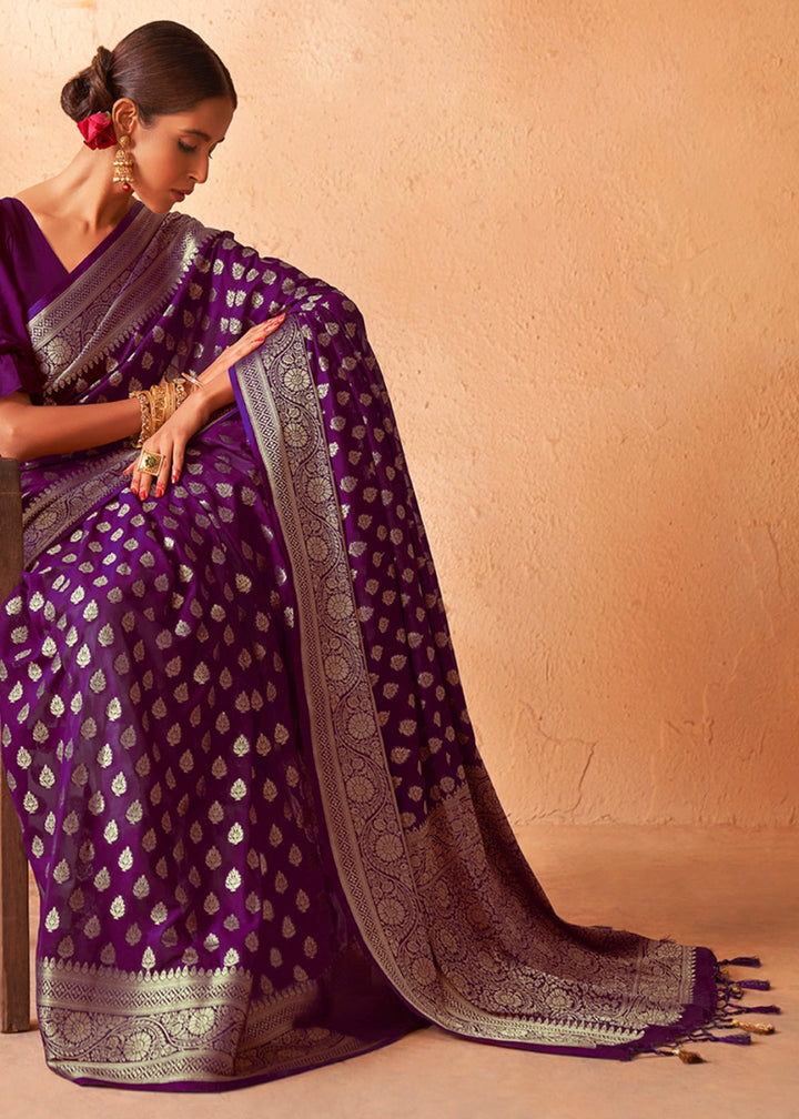 Eggplant Purple Banarasi - Style Saree in Georgette Silk with Zari Embellishments - House of Sarvati LLC