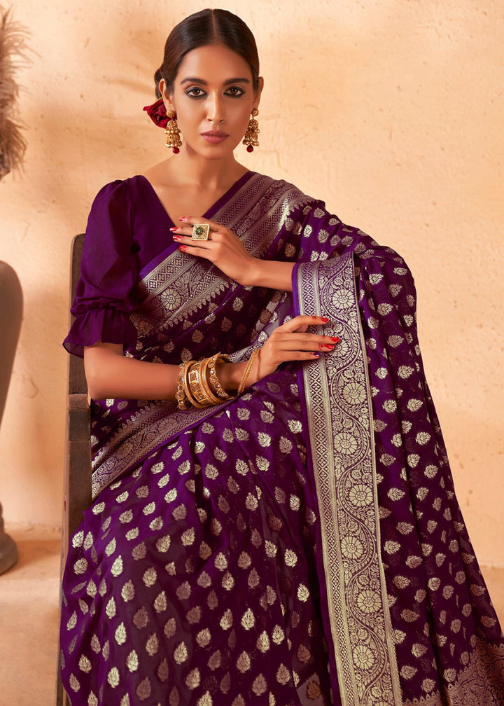 Eggplant Purple Banarasi - Style Saree in Georgette Silk with Zari Embellishments - House of Sarvati LLC