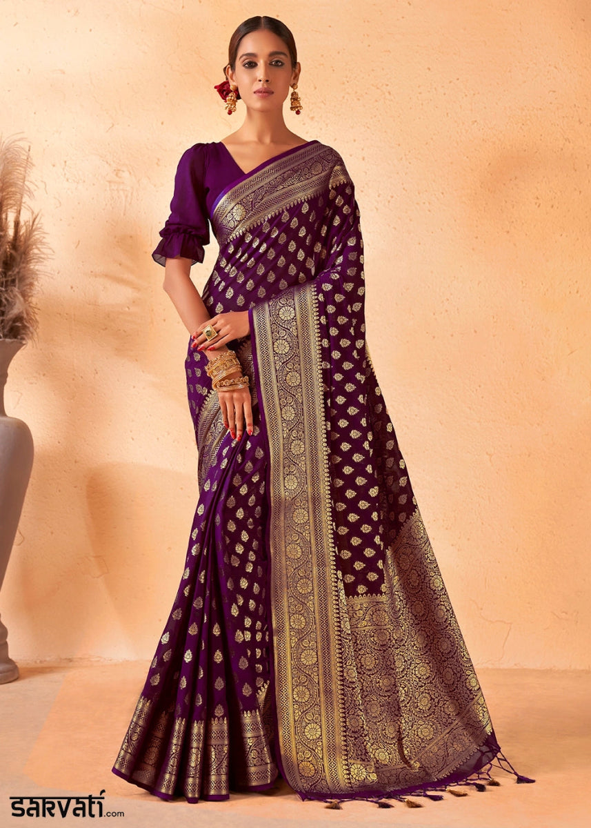 Eggplant Purple Banarasi - Style Saree in Georgette Silk with Zari Embellishments - House of Sarvati LLC