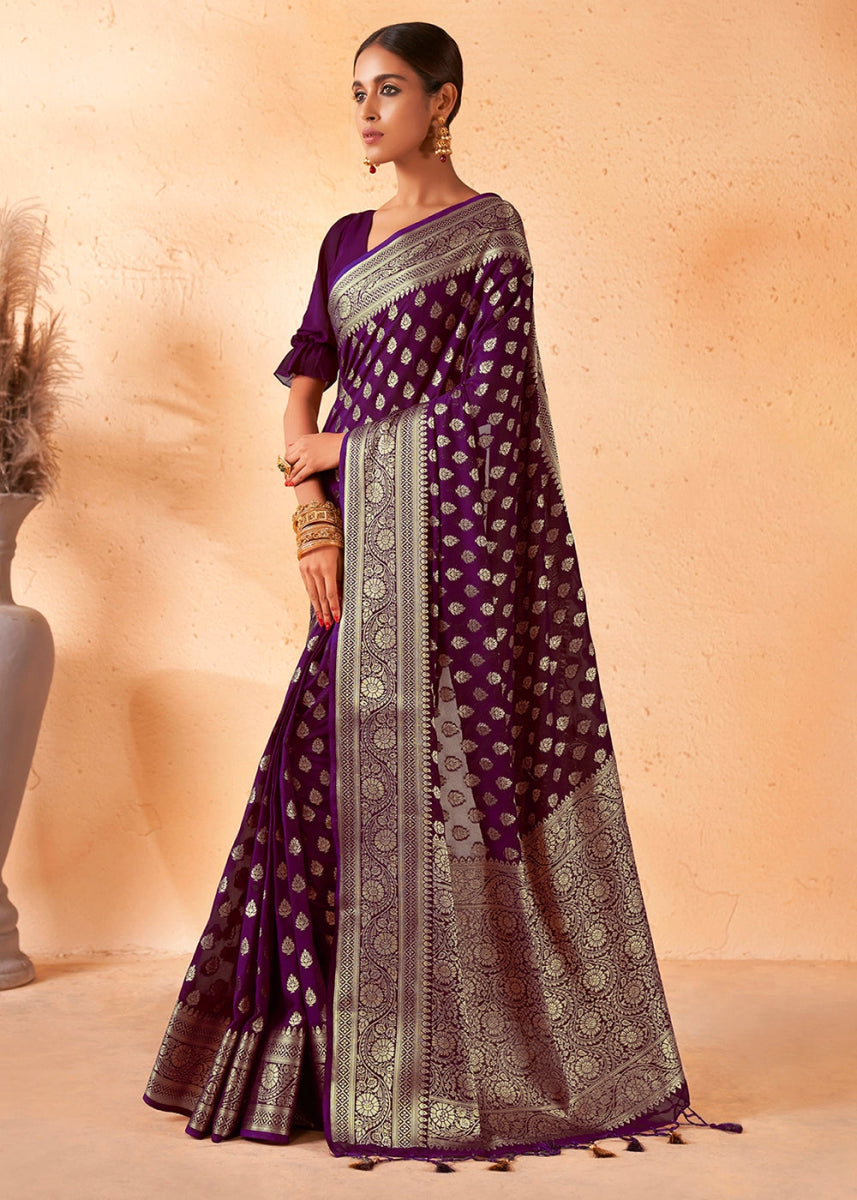 Eggplant Purple Banarasi - Style Saree in Georgette Silk with Zari Embellishments - House of Sarvati LLC