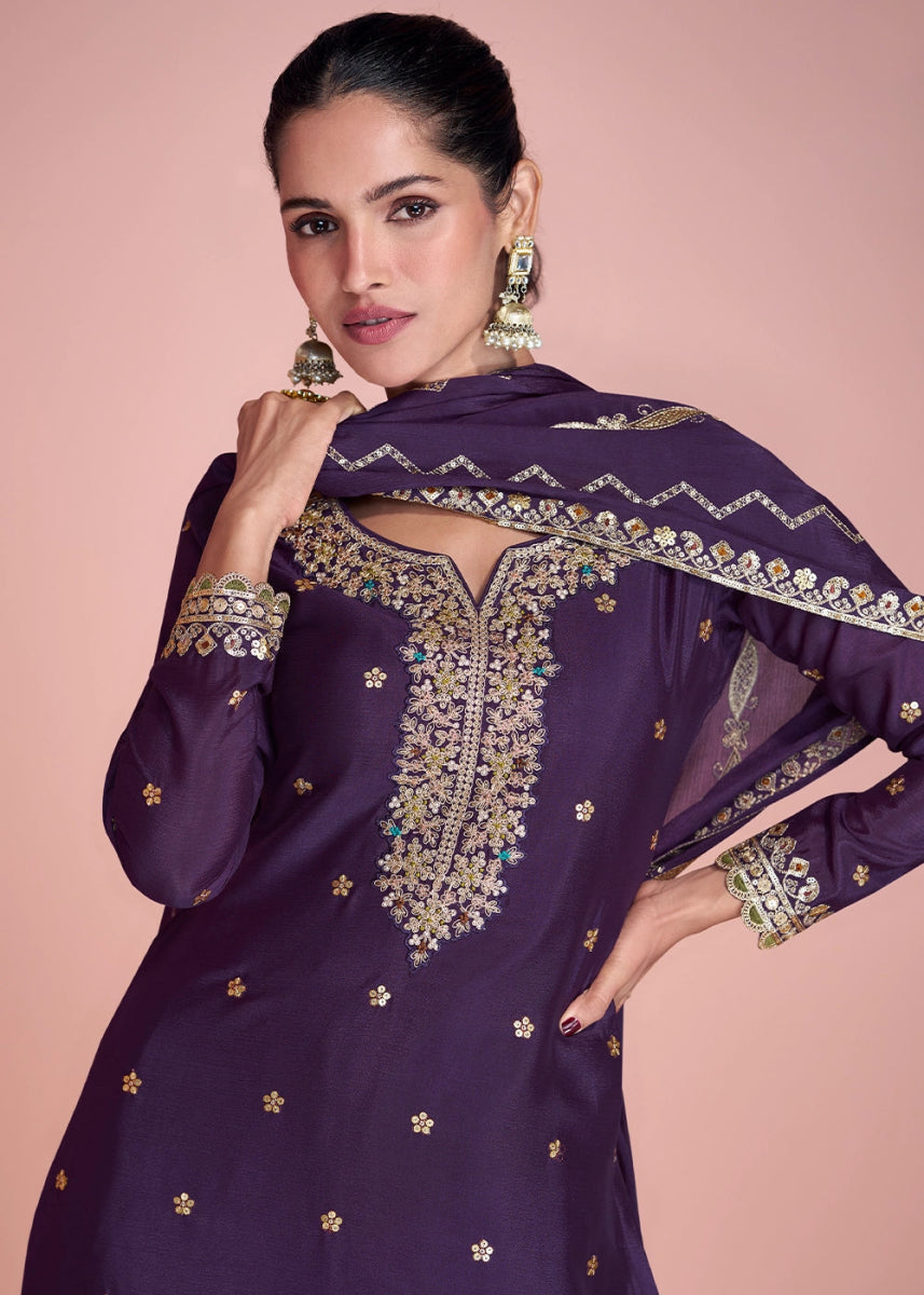 Eggplant Purple Chinon Silk Sharara Suit with Fine Embroidered Detailing - House of Sarvati LLC