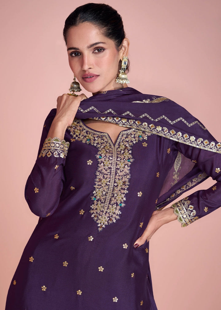 Eggplant Purple Chinon Silk Sharara Suit with Fine Embroidered Detailing - House of Sarvati LLC