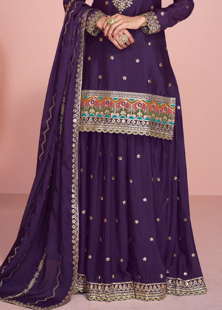 Eggplant Purple Chinon Silk Sharara Suit with Fine Embroidered Detailing - House of Sarvati LLC