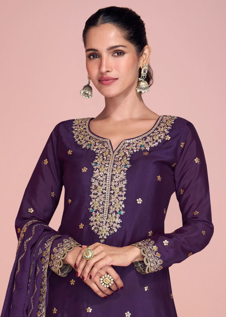 Eggplant Purple Chinon Silk Sharara Suit with Fine Embroidered Detailing - House of Sarvati LLC