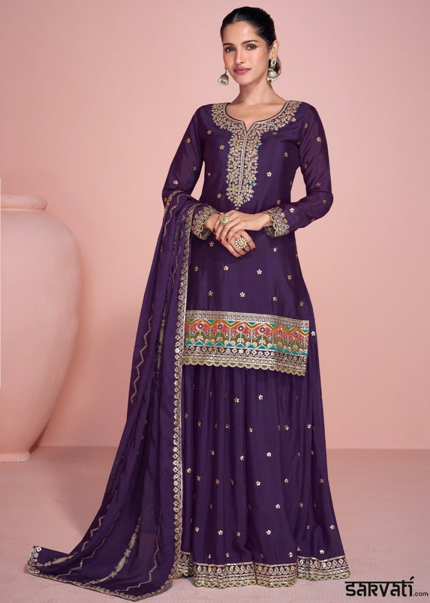 Eggplant Purple Chinon Silk Sharara Suit with Fine Embroidered Detailing - House of Sarvati LLC