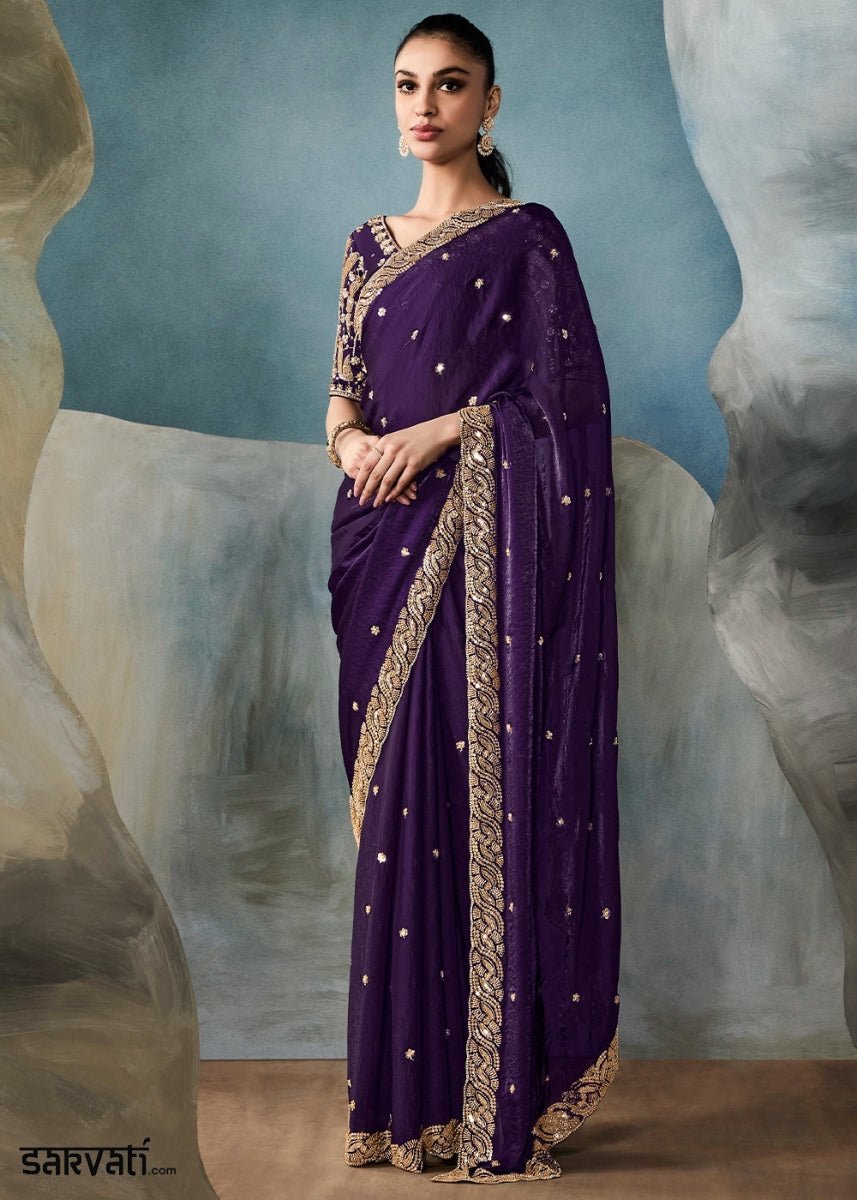 Eggplant Purple Designer Saree in Tissue Fabric with Hand Embroidery - House of Sarvati LLC