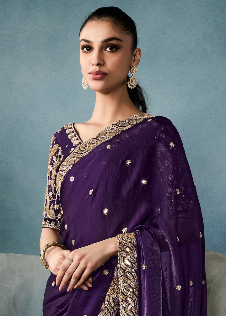 Eggplant Purple Designer Saree in Tissue Fabric with Hand Embroidery - House of Sarvati LLC