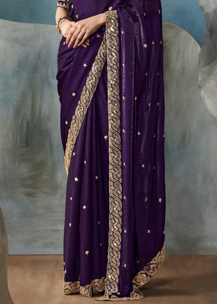 Eggplant Purple Designer Saree in Tissue Fabric with Hand Embroidery - House of Sarvati LLC