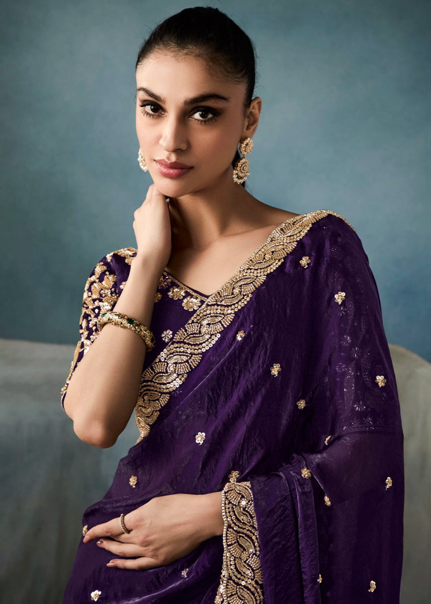 Eggplant Purple Designer Saree in Tissue Fabric with Hand Embroidery - House of Sarvati LLC