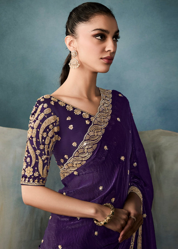 Eggplant Purple Designer Saree in Tissue Fabric with Hand Embroidery - House of Sarvati LLC