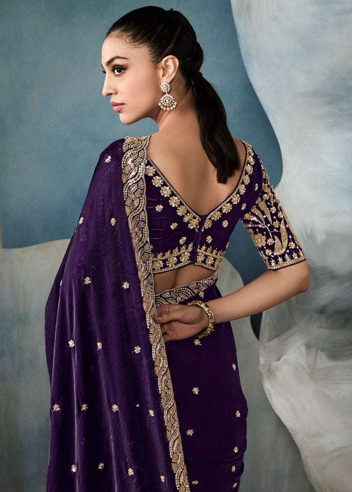 Eggplant Purple Designer Saree in Tissue Fabric with Hand Embroidery - House of Sarvati LLC