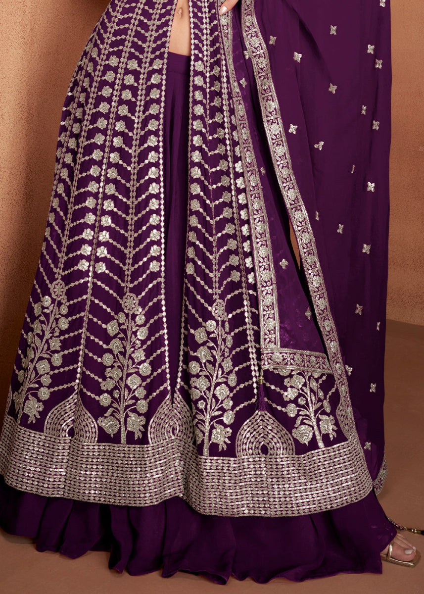 Eggplant Purple Georgette Skirt Suit with Slit & Embellishments - House of Sarvati LLC