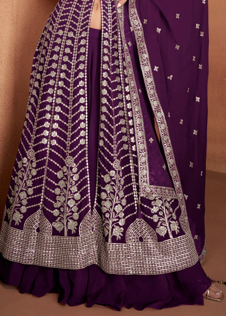 Eggplant Purple Georgette Skirt Suit with Slit & Embellishments - House of Sarvati LLC