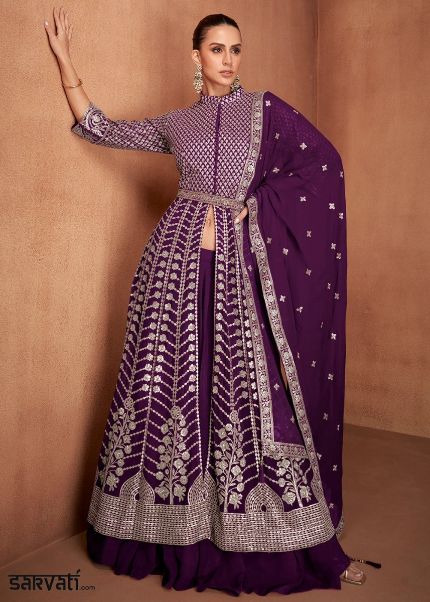 Eggplant Purple Georgette Skirt Suit with Slit & Embellishments - House of Sarvati LLC