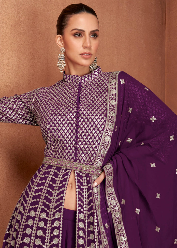 Eggplant Purple Georgette Skirt Suit with Slit & Embellishments - House of Sarvati LLC