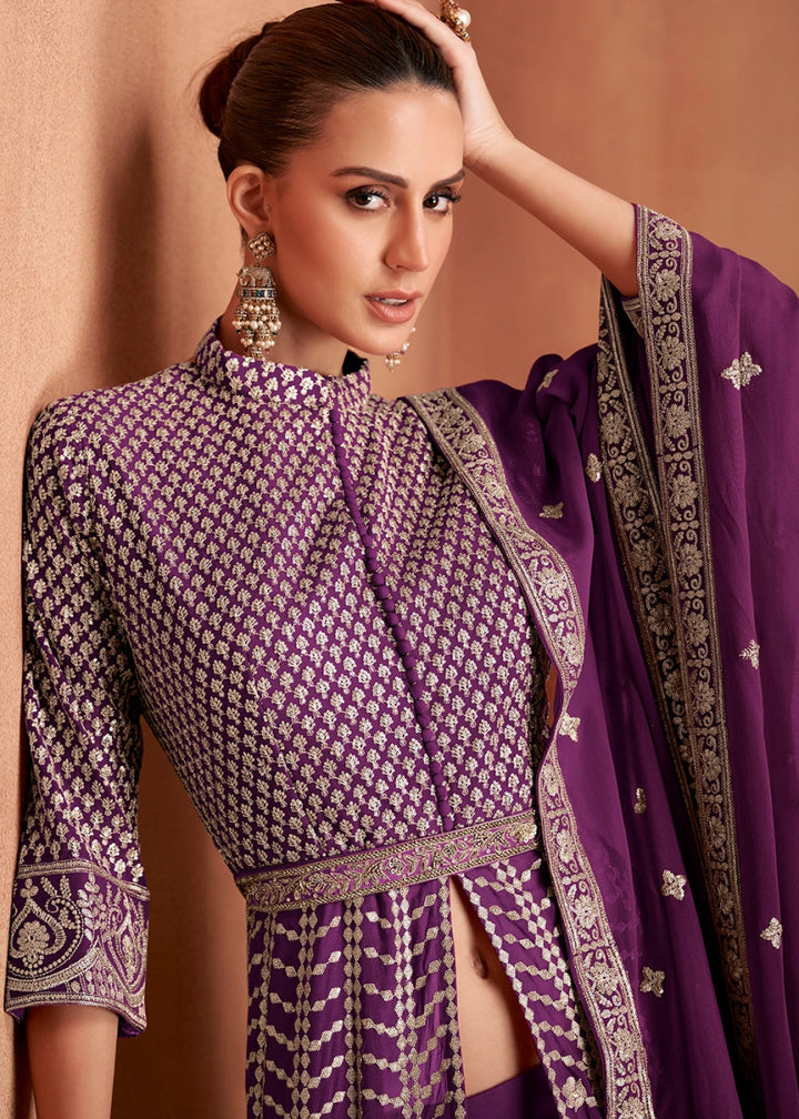 Eggplant Purple Georgette Skirt Suit with Slit & Embellishments - House of Sarvati LLC
