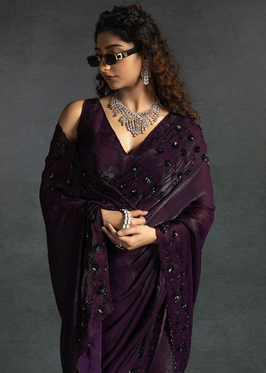 Eggplant Purple Two Tone Satin Silk Saree with Intricate Zarkan & cut work Border - House of Sarvati LLC
