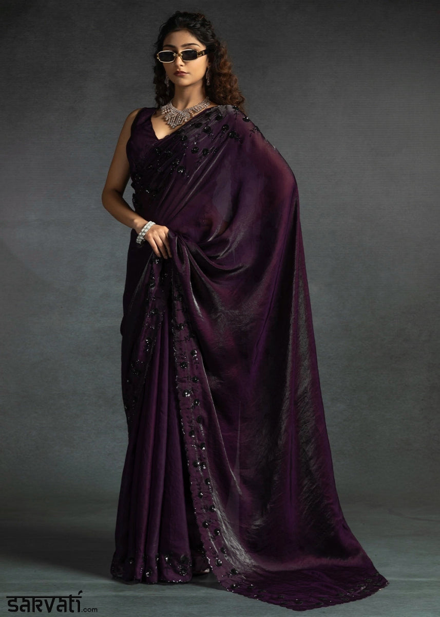 Eggplant Purple Two Tone Satin Silk Saree with Intricate Zarkan & cut work Border - House of Sarvati LLC