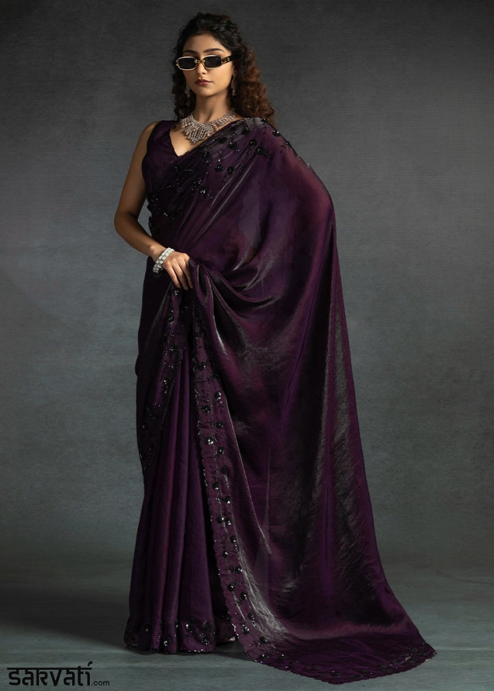 Eggplant Purple Two Tone Satin Silk Saree with Intricate Zarkan & cut work Border - House of Sarvati LLC