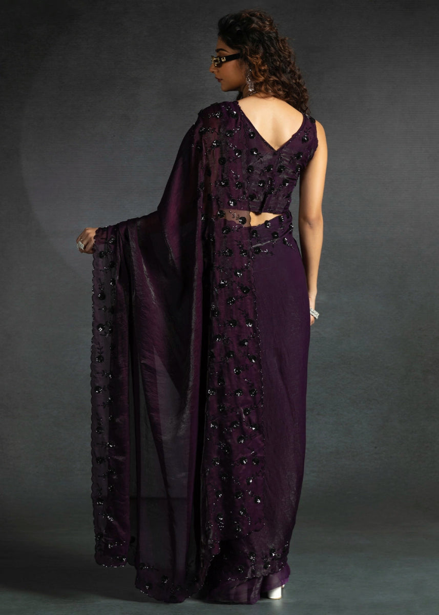 Eggplant Purple Two Tone Satin Silk Saree with Intricate Zarkan & cut work Border - House of Sarvati LLC