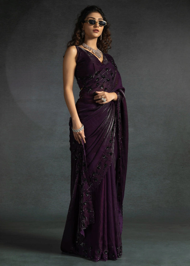 Eggplant Purple Two Tone Satin Silk Saree with Intricate Zarkan & cut work Border - House of Sarvati LLC