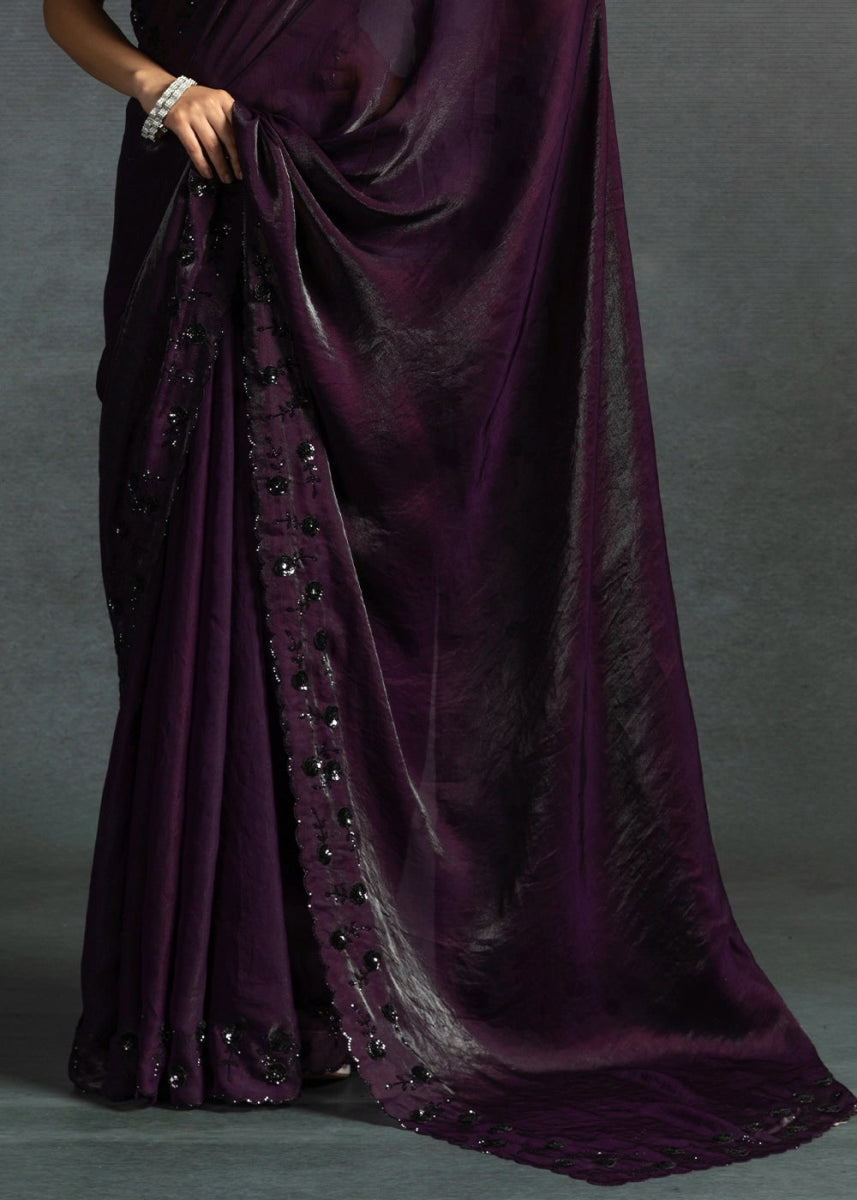 Eggplant Purple Two Tone Satin Silk Saree with Intricate Zarkan & cut work Border - House of Sarvati LLC